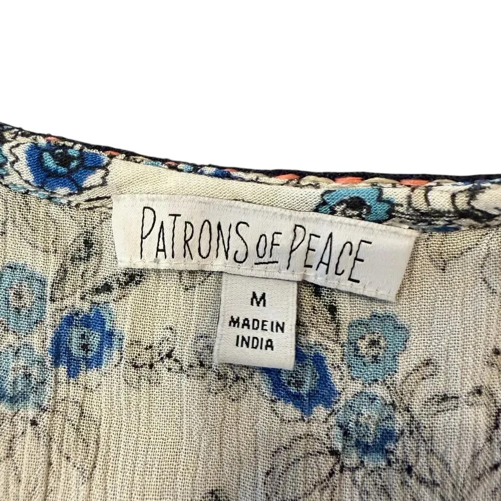 Patrons of Peace Womens boho tank, blue floral and geometric mixed patterns, M - Picture 5 of 6